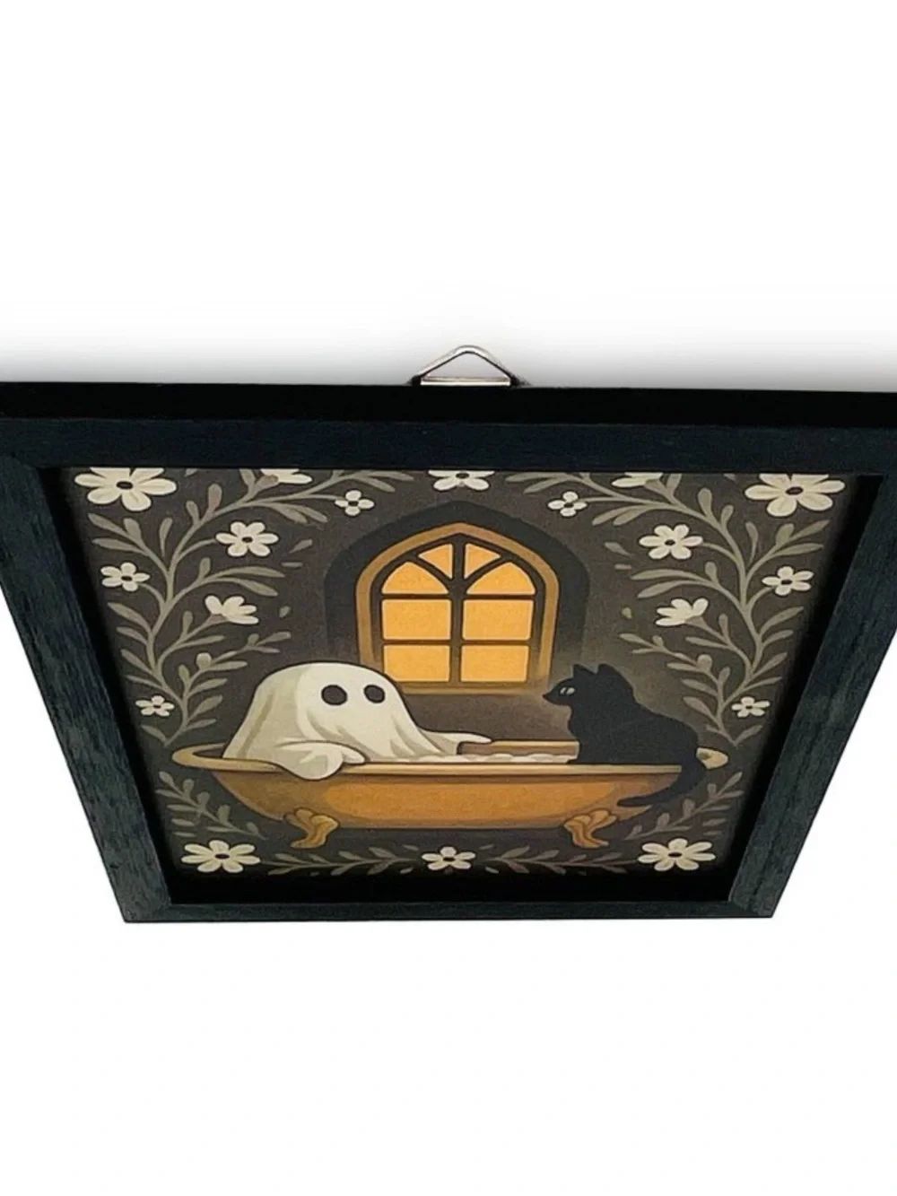 New! Framed Halloween Ghost and Black Cat Bathtub Wall Art - Black Frame